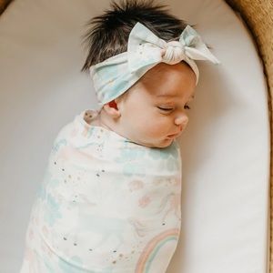 New Copper Pearl Rainbow Unicorn Floral baby swaddle blanket + hat + headband